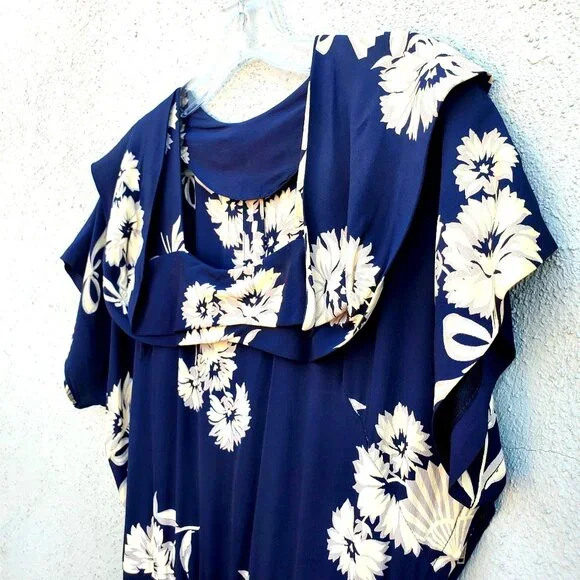 1930s Navy Floral Fan Dress Size 8 Draped Neckline Batwing Sleeve Vintage Rayon - Picture 13 of 13